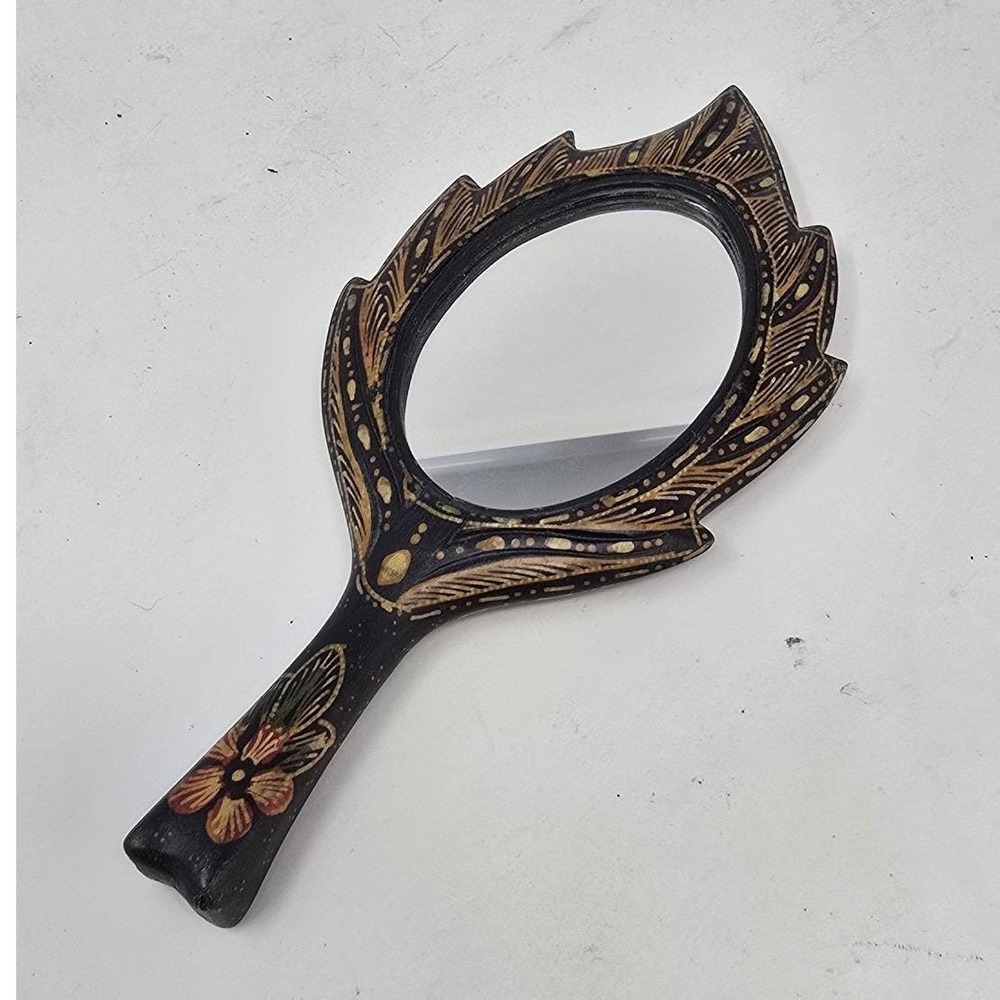 Vtg handheld mirror carved wood Asia Africa tribal earthy boho hippie folk art